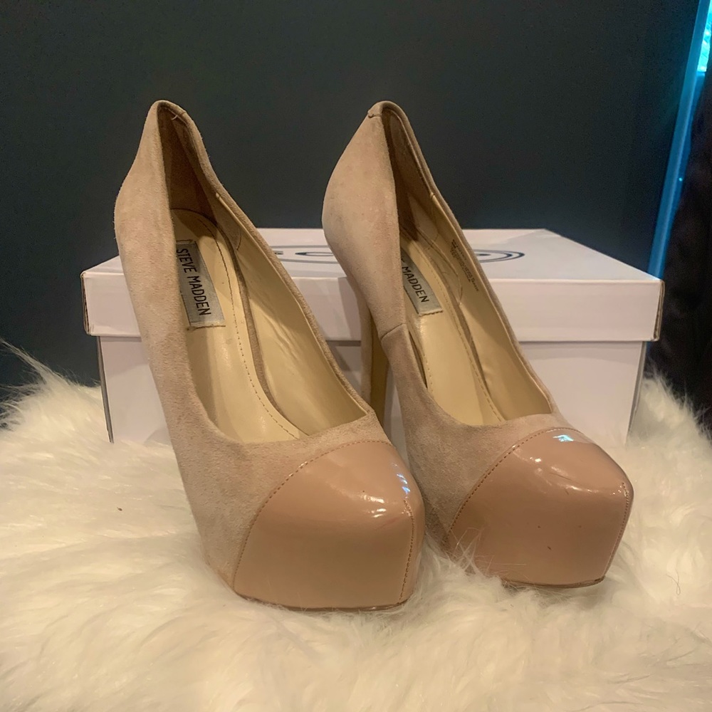 STEVE MADDEN PLATFORM SHOES 6" SUEDE ROUND TOE SHOES SIZE 8M SOLID BEIGE